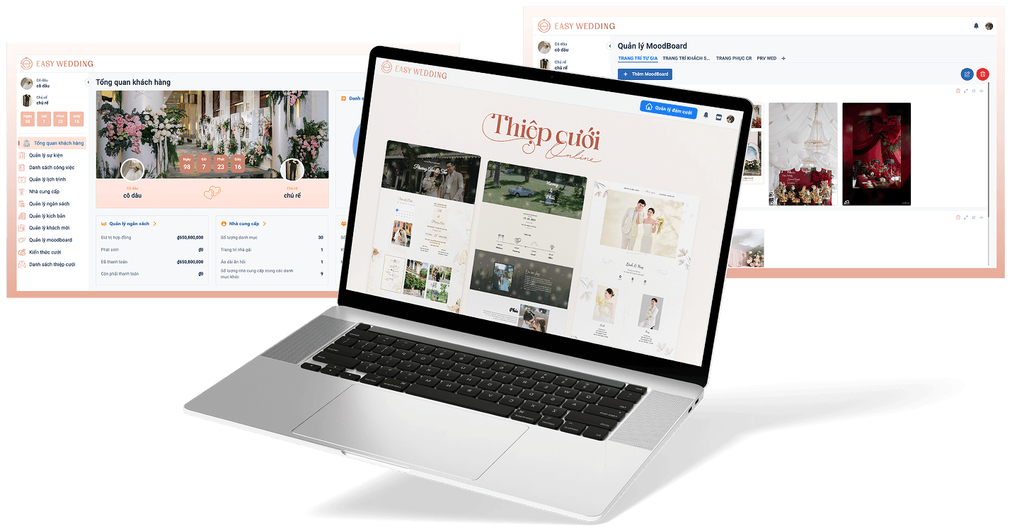 Giao diện quản lý đám cưới và thiết kế thiệp cưới trên Easy Wedding